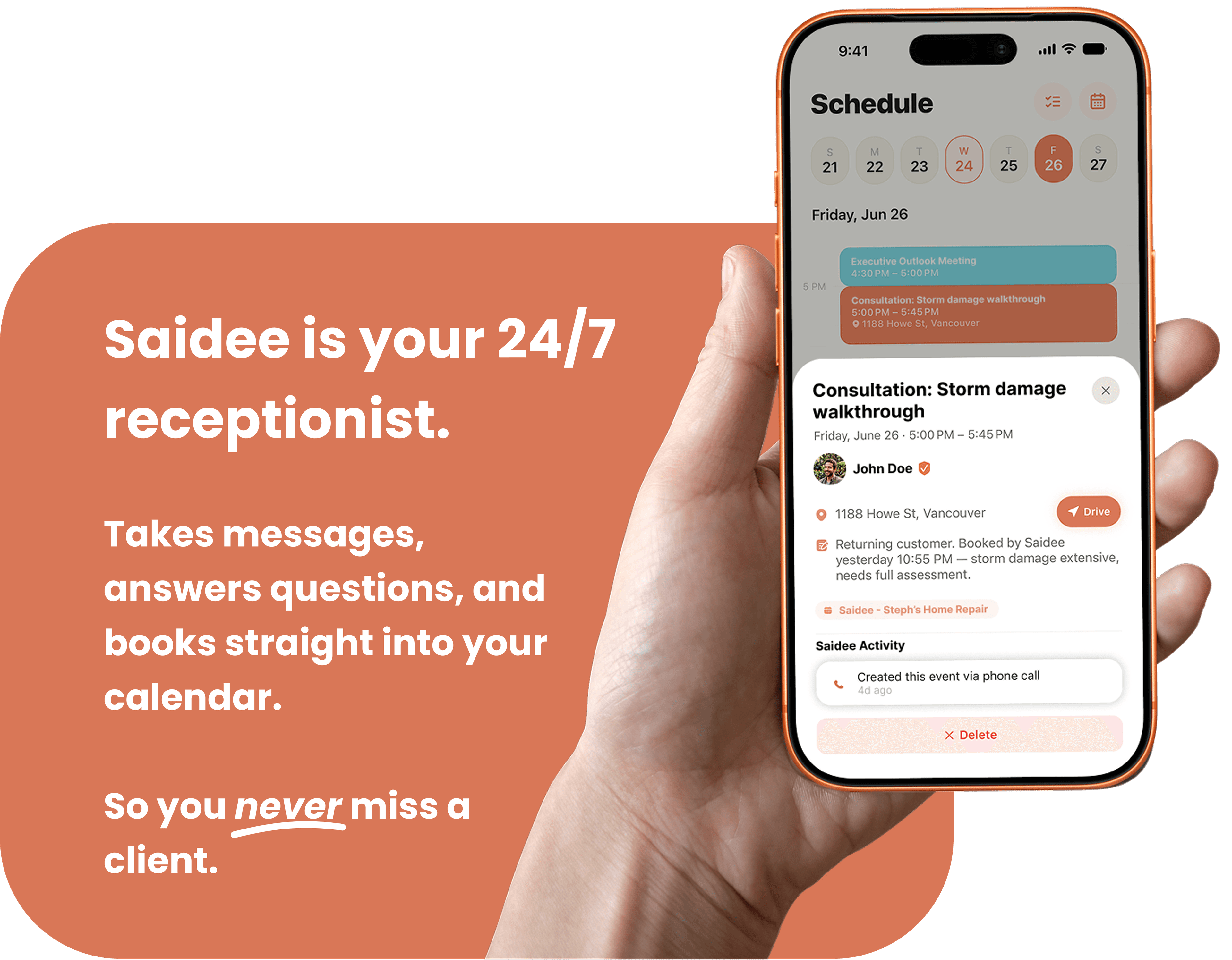 Saidee is your 24/7 receptionist. It takes messages, answers questions, and books straight into your calendar, so you never miss a client.